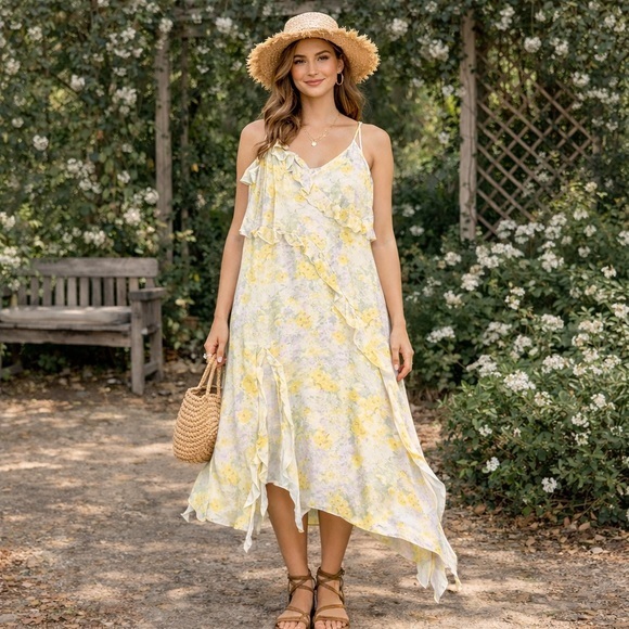 H&M Dresses & Skirts - H&M Yellow Floral Ruffle Handkerchief Hem Midi Dress L Cottagecore Romantic Boho